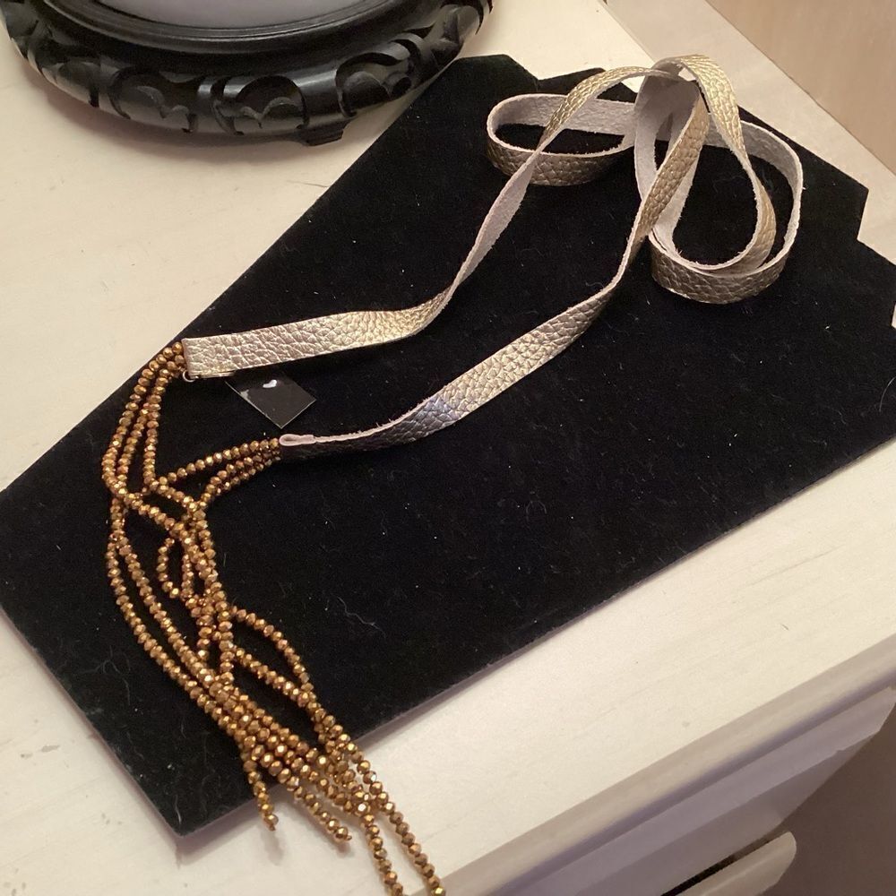 Goldtone Leather With AB Crystals Lariat Necklace